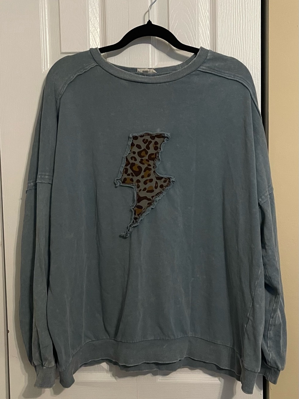 Washed Blue Crewneck Sweatshirt with Leopard Lightning Patch